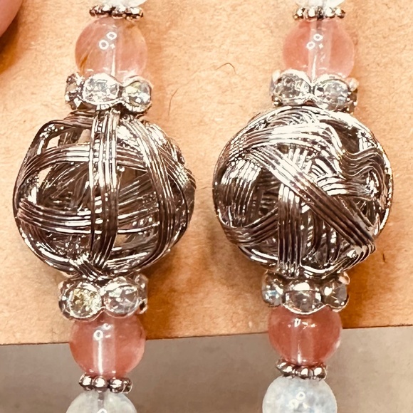 Silver Hook Dangle Earrings & Large Silver Beads & Cherry Quartz Stones & Crysta - Picture 9 of 9